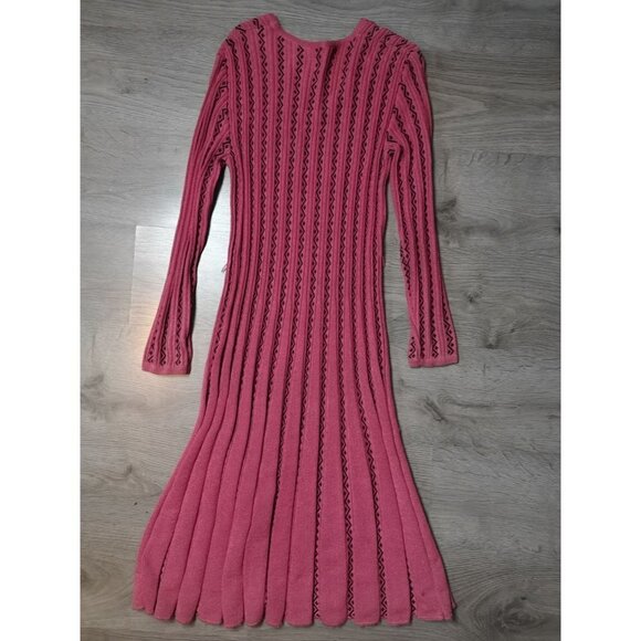 VINTAGE 70s Pleated Pink Red Midi Cable Knit Sweater Dress | TheStyleMinr.com - Picture 7 of 14